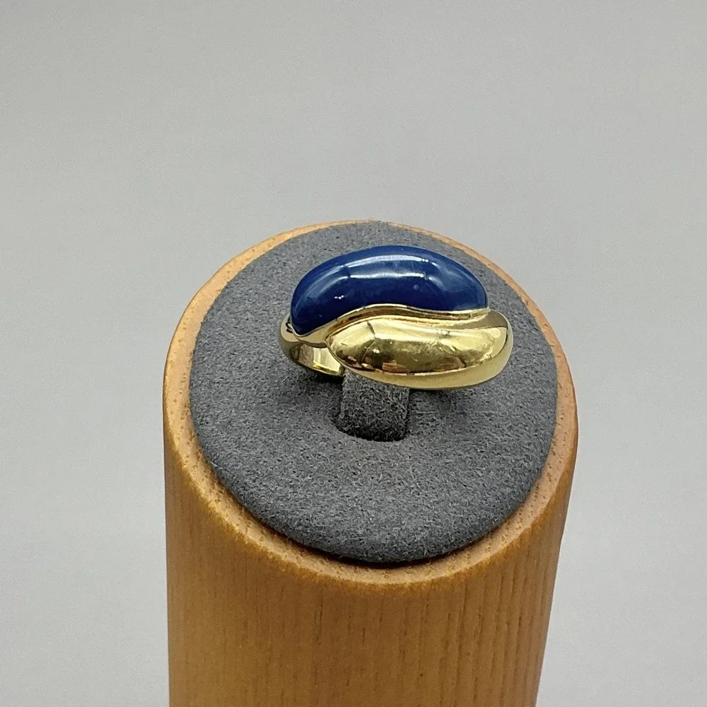 Ring Size 8 Gold Tone Blue Cabochon Bypass Dome Cocktail Womens Fashion Ring